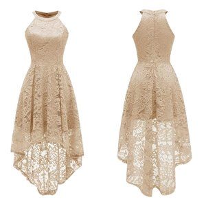 Dressystar Halter Floral Lace Cocktail Bridesmaid Dress High-Low Small Beige